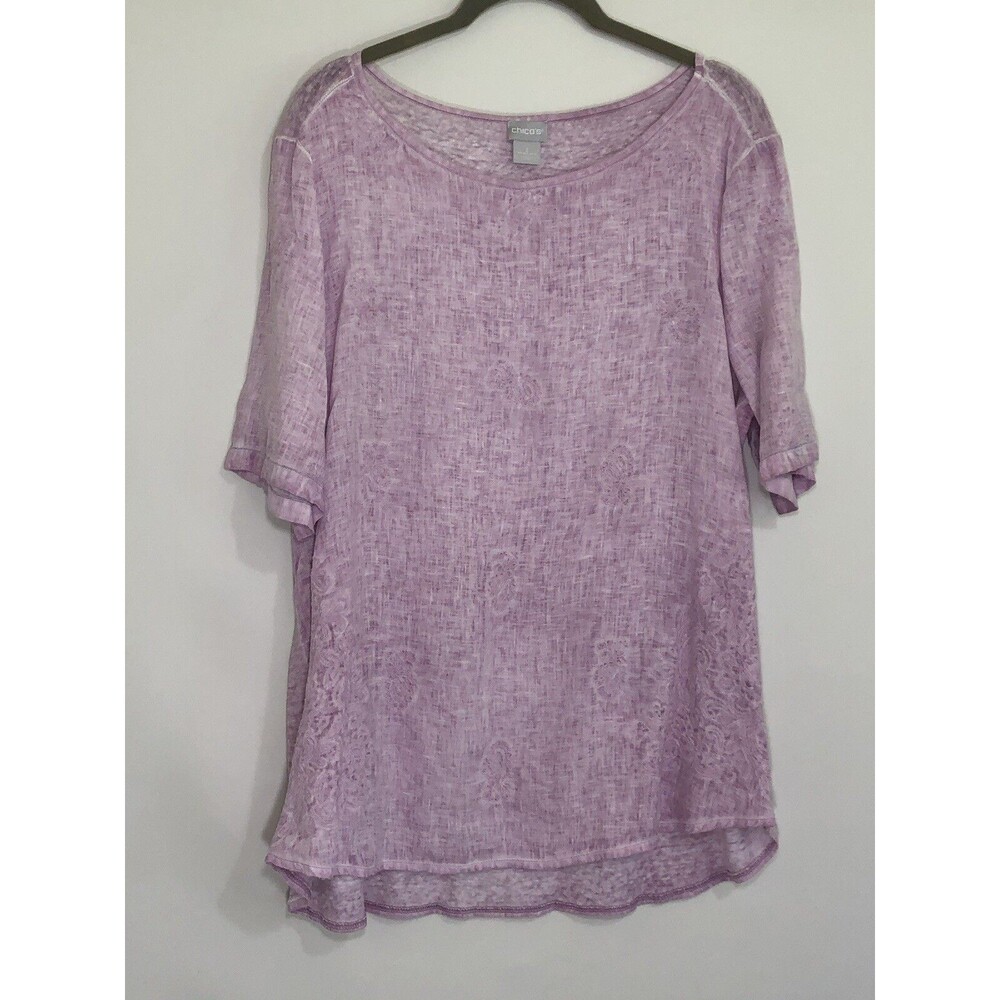 Chicos Sz 2/L Lavender Embroidered Linen/Kint Top *See Description